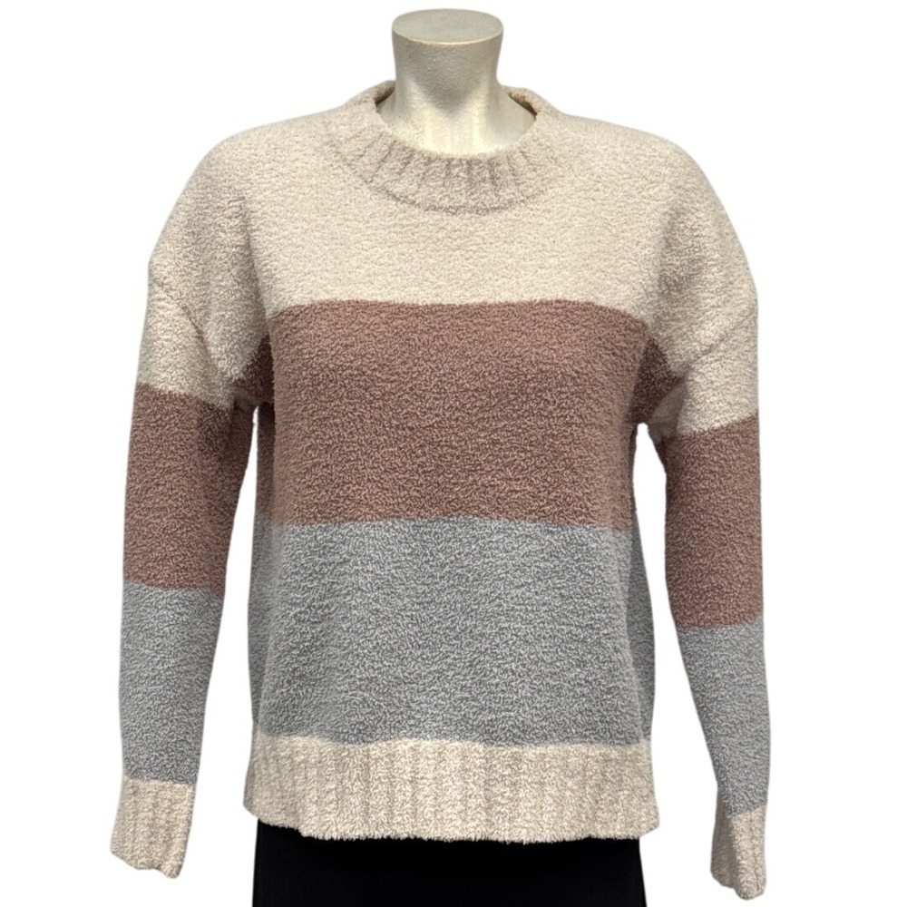 T S‎ Colorblock Fuzzy Knit Crewneck Sweater Tan Mauve Gray Medium